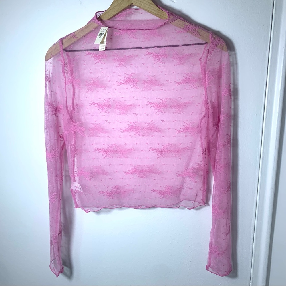 NWT Aerie Sheer Pink Lace Women's Top long Sleeve Floral Y2K  Size M